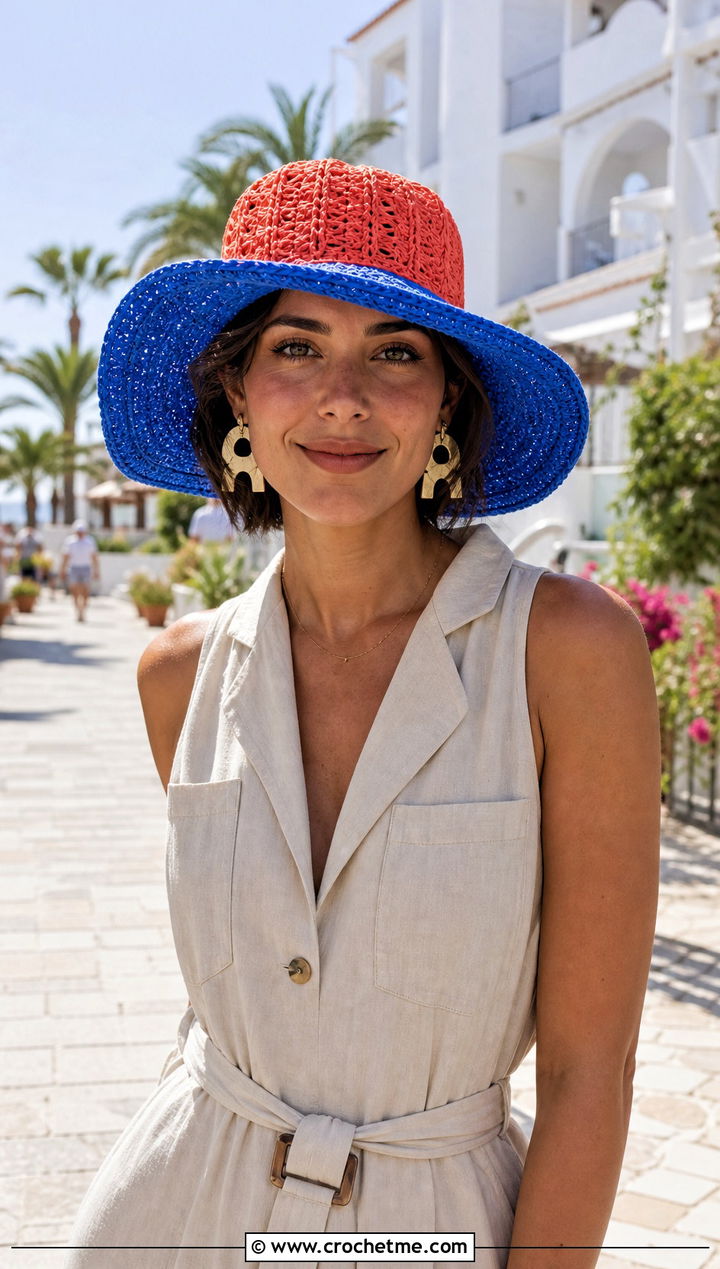 Two Color Crochet Wide Brim Hat With Jumpsuit - 30 Two Colors Crochet Hat outfit ideas
