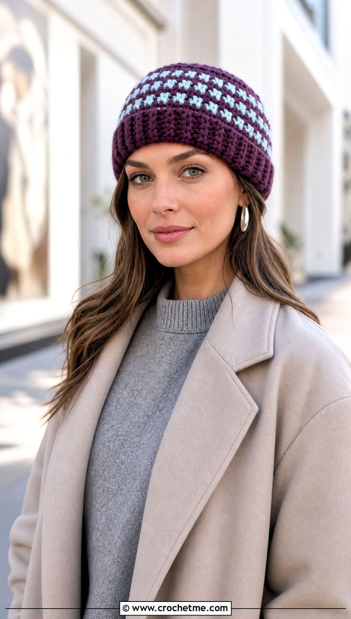 Two Color Fisherman Crochet Beanie With Minimalist Coat - 30 two color crochet hat outfit ideas