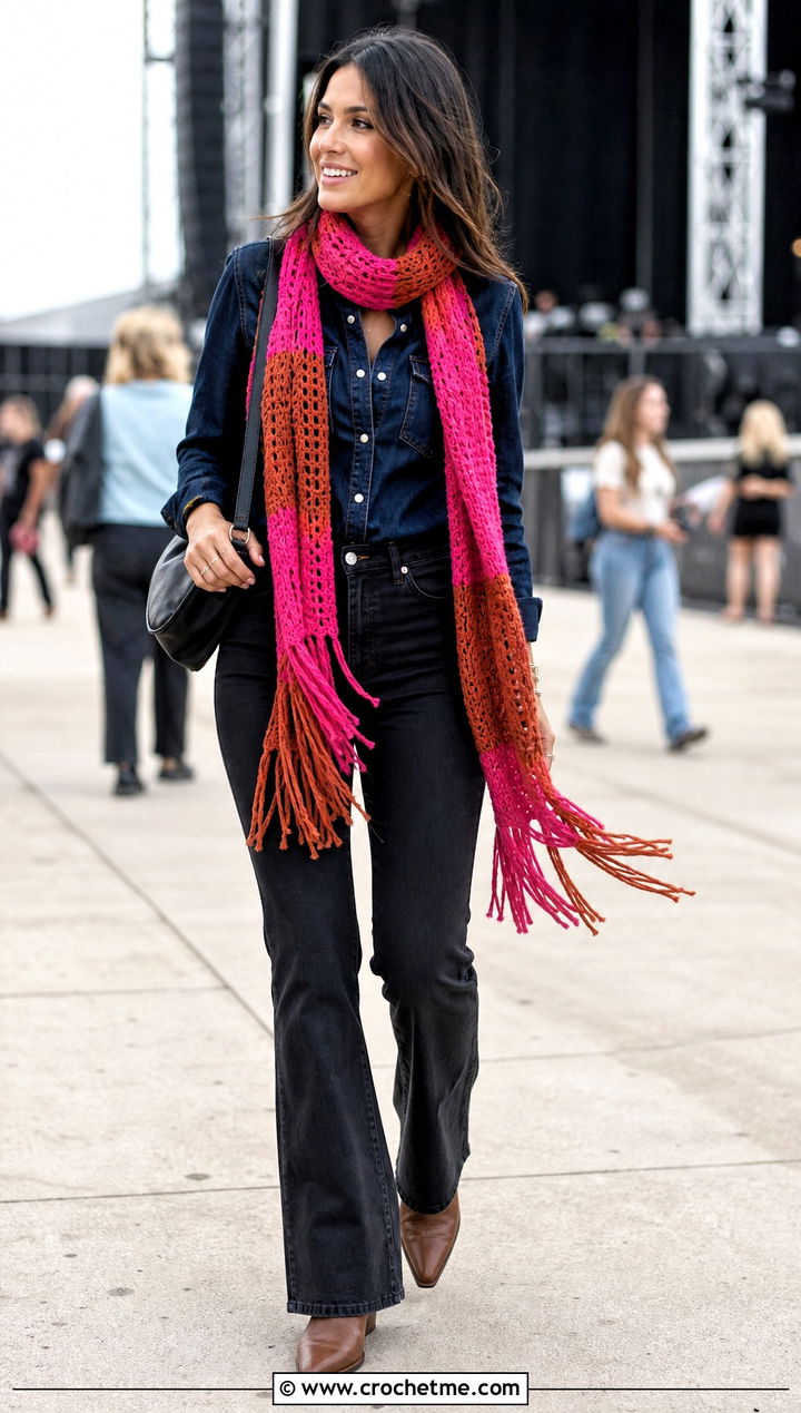 Two Color Fringe Crochet Scarf With Western Shirt - 35 two color crochet scarf outfit ideas