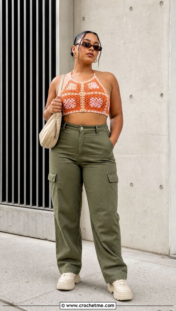 Two Color Granny Square Crochet Halter Top With Cargo Pants - 35 two colors crochet top outfit ideas