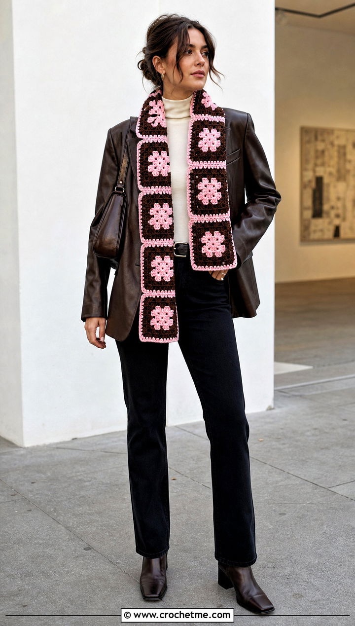 Two Color Granny Square Crochet Scarf With Leather Blazer - 35 two color crochet scarf outfit ideas