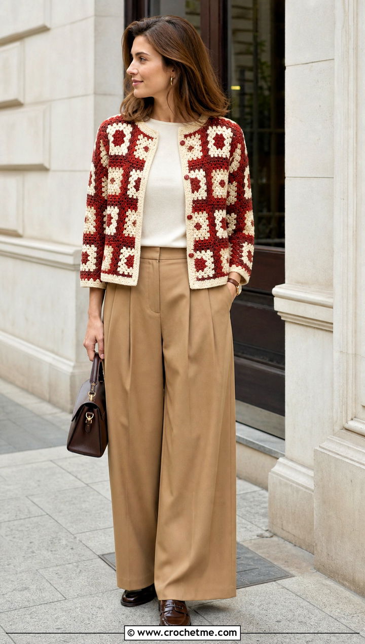 Two Color Granny Square Jacket With Pleated Trousers - 35 granny square crochet cardigan jacket outfit ideas