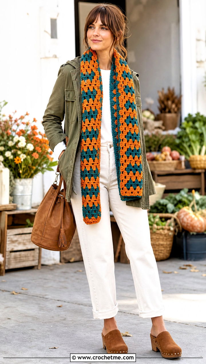 Two Color Granny Stripe Crochet Scarf With Utility Jacket - 35 two color crochet scarf outfit ideas