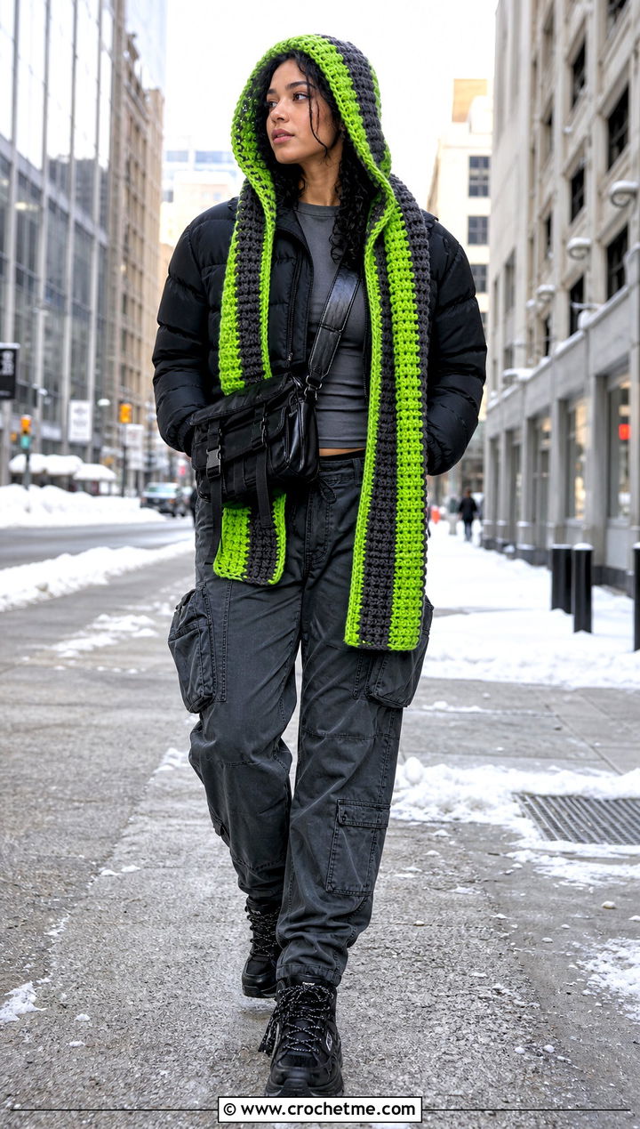 Two Color Hooded Crochet Scarf With Cargo Pants - 35 two color crochet scarf outfit ideas