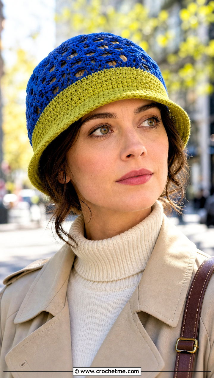 Two Color Lace Crochet Cloche With Trench Coat - 30 two color crochet hat outfit ideas