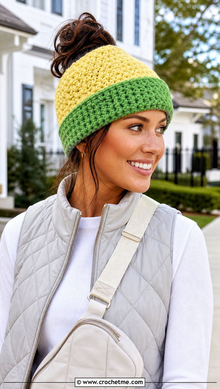 Two Color Messy Bun Crochet Beanie With Errand Outfit - 30 two color crochet hat outfit ideas