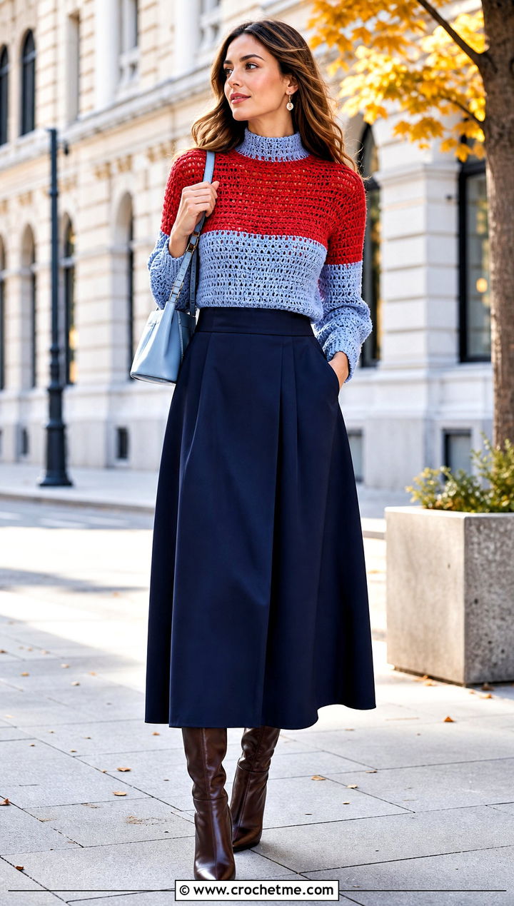 Two Color Mock Neck Crochet Top With Maxi Skirt - 25 two colored crochet top outfit ideas