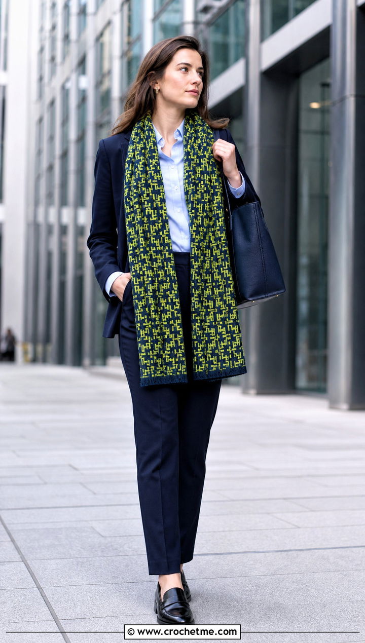 Two Color Mosaic Crochet Scarf With Trouser Suit - 35 two color crochet scarf outfit ideas