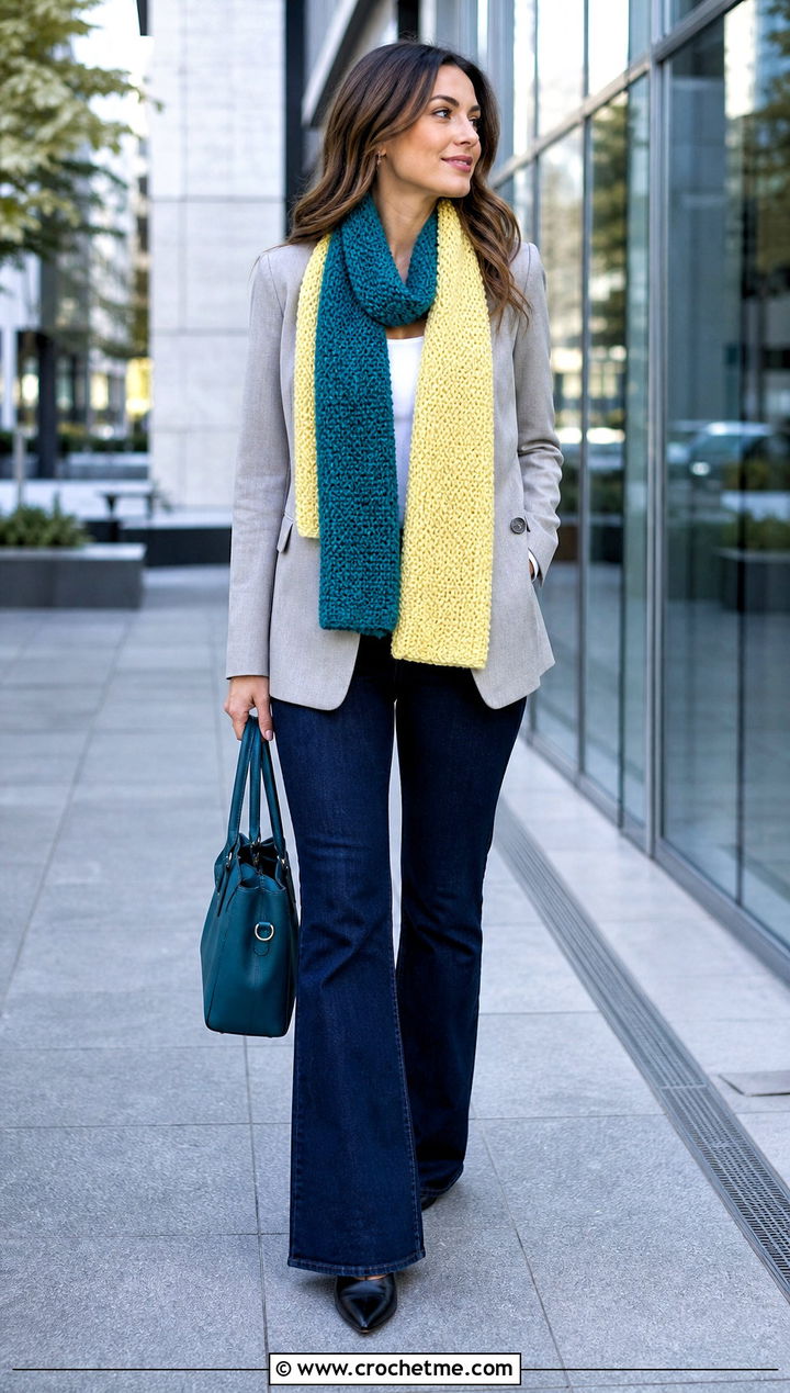 Two Color Moss Stitch Crochet Scarf With Blazer And Jeans - 35 two color crochet scarf outfit ideas