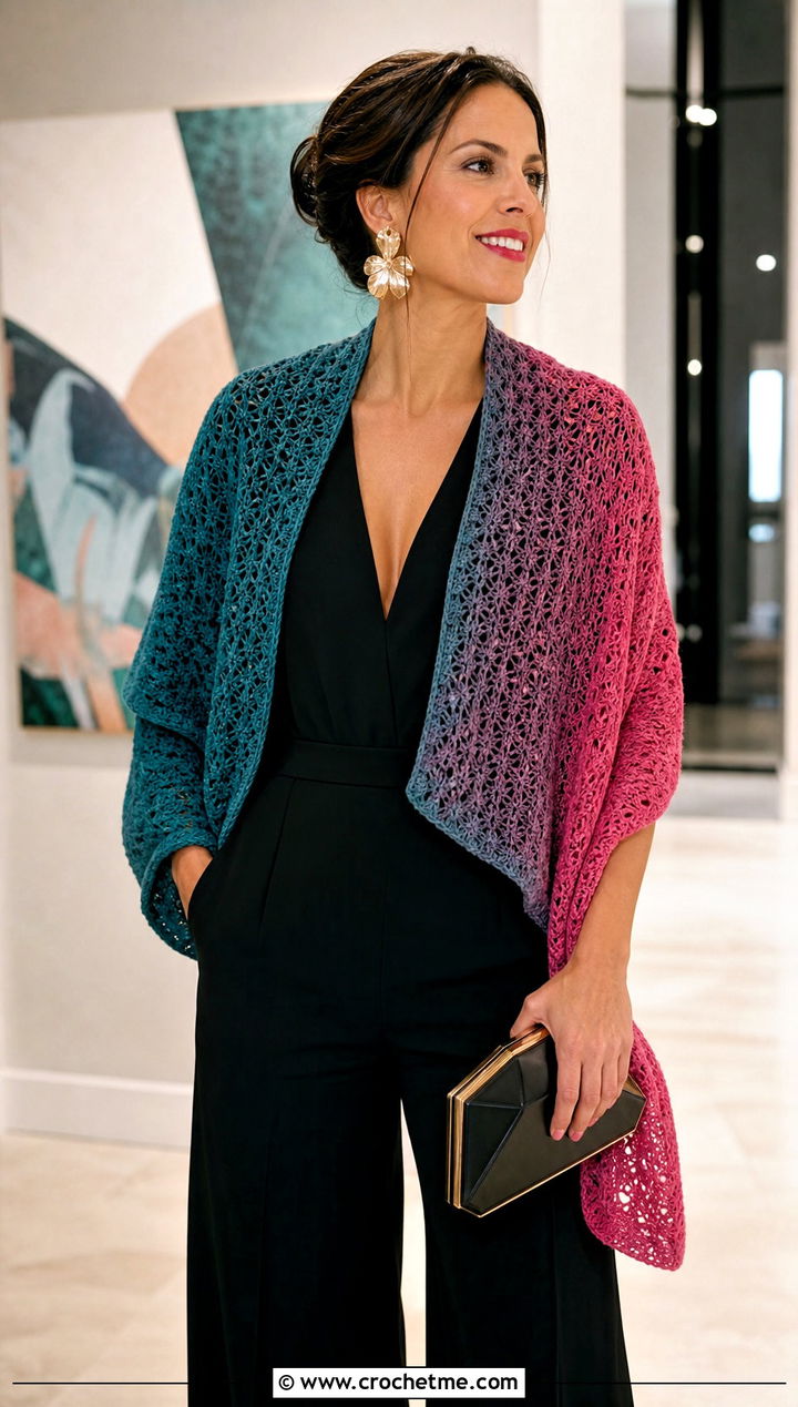Two Color Ombre Crochet Scarf With Evening Jumpsuit - 30 2 color crochet scarf outfit ideas