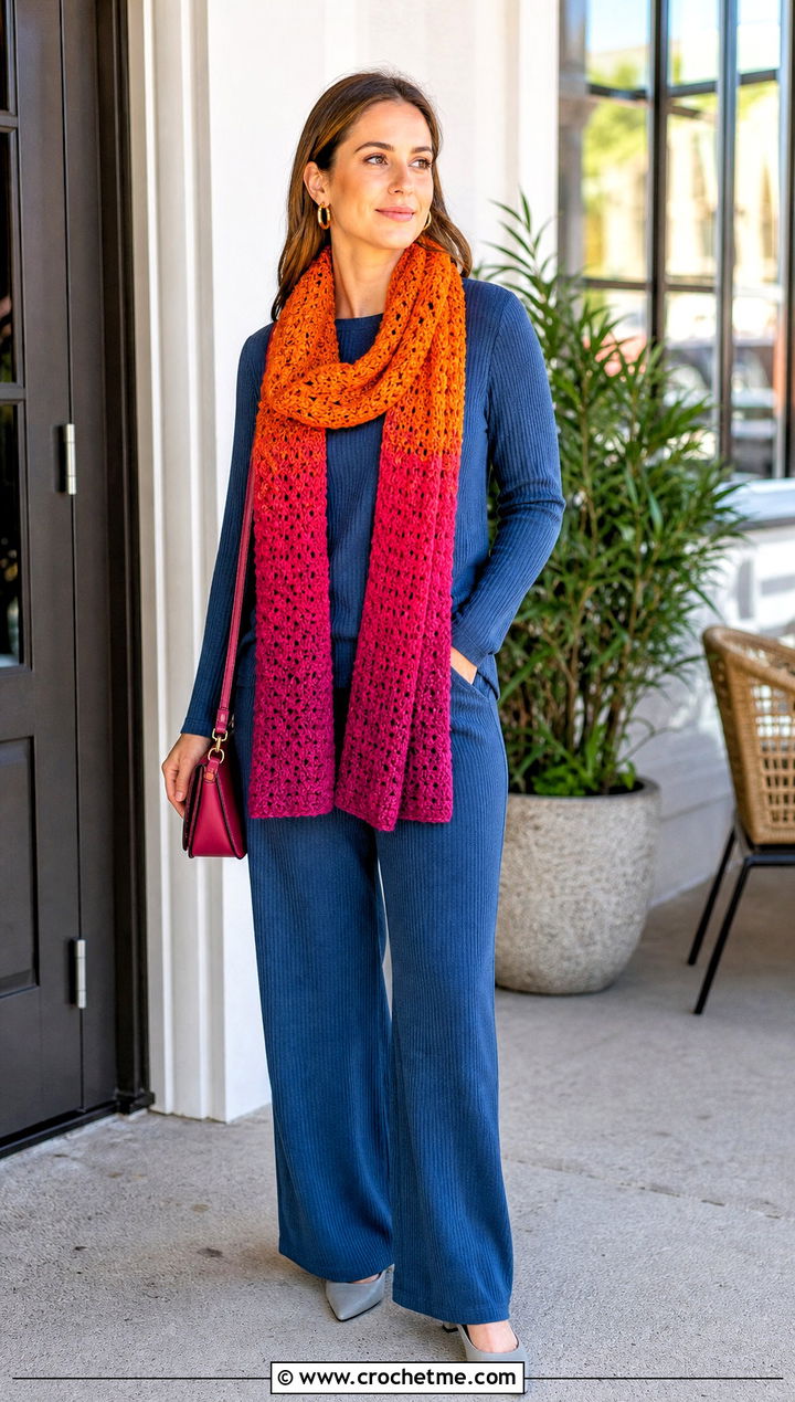 Two Color Ombre Crochet Scarf With Matching Separates - 35 two color crochet scarf outfit ideas
