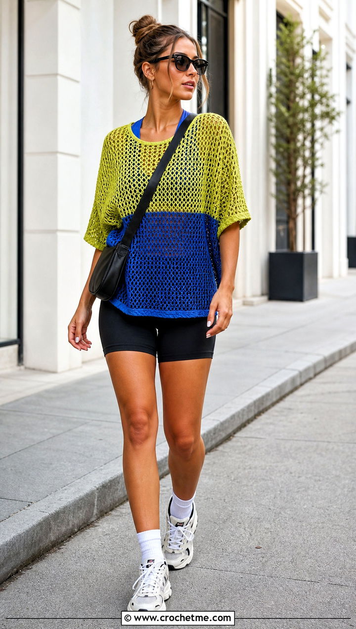 Two Color Oversized Mesh Crochet Tee With Bike Shorts - 25 two colored crochet top outfit ideas