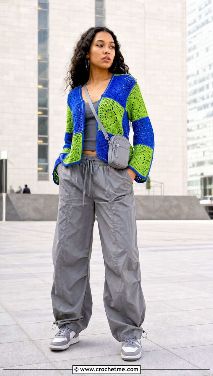 Two Color Patchwork Crochet Top With Parachute Pants - 35 two colors crochet top outfit ideas