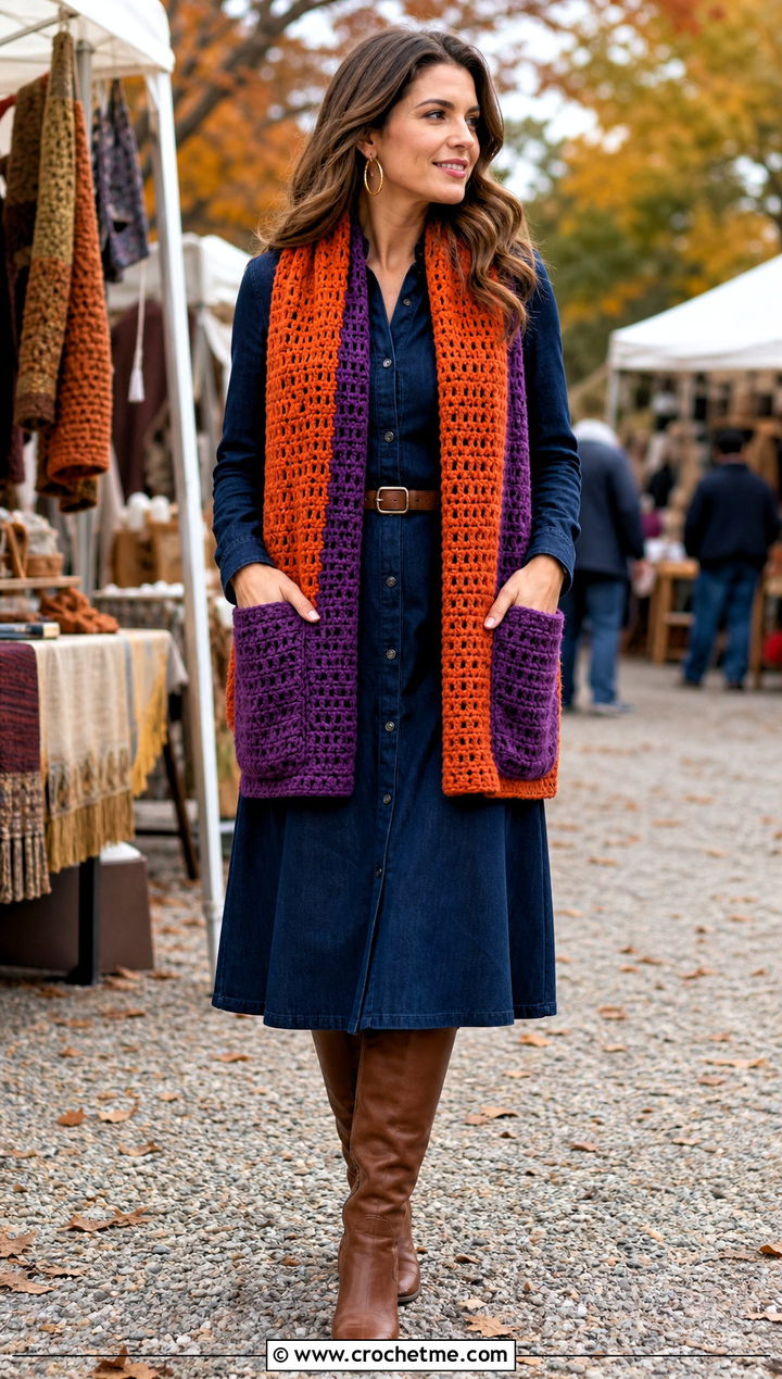 Two Color Pocket Crochet Scarf With Denim Dress - 35 two color crochet scarf outfit ideas