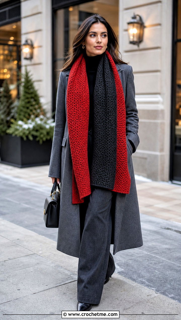 Two Color Reversible Crochet Scarf With Wool Coat - 35 two color crochet scarf outfit ideas