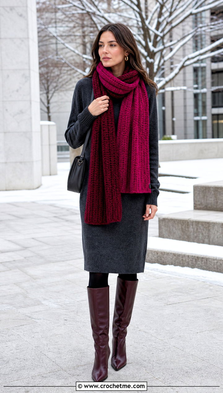 Two Color Ribbed Crochet Scarf With Sweater Dress - 35 two color crochet scarf outfit ideas