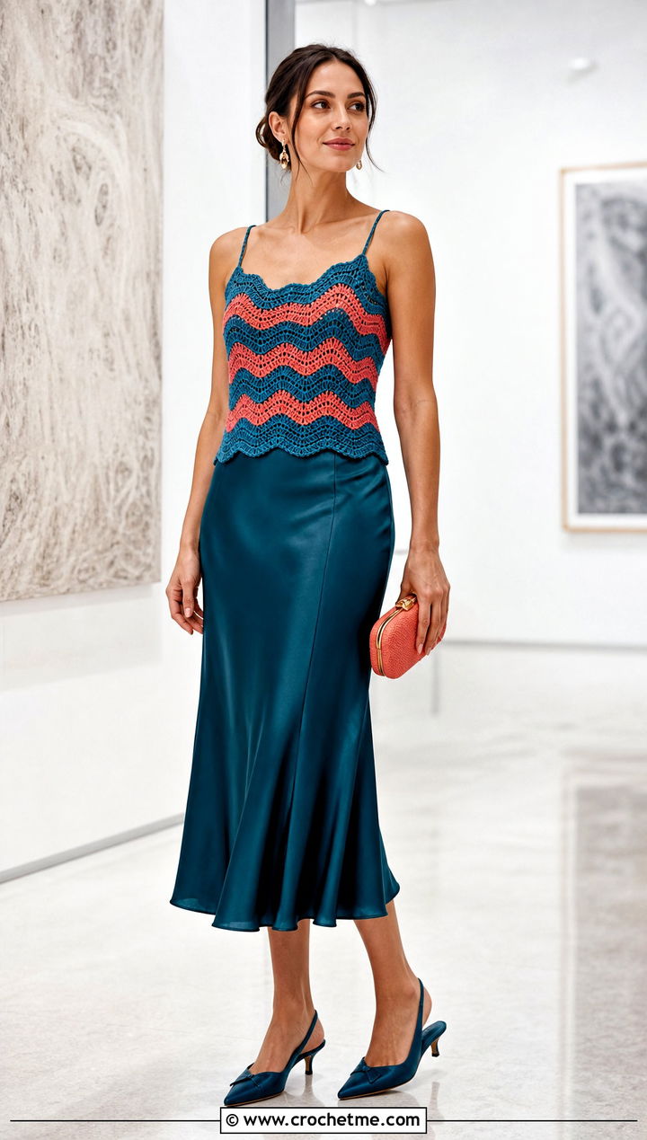 Two Color Ripple Crochet Camisole With Satin Midi Skirt - 25 two colored crochet top outfit ideas