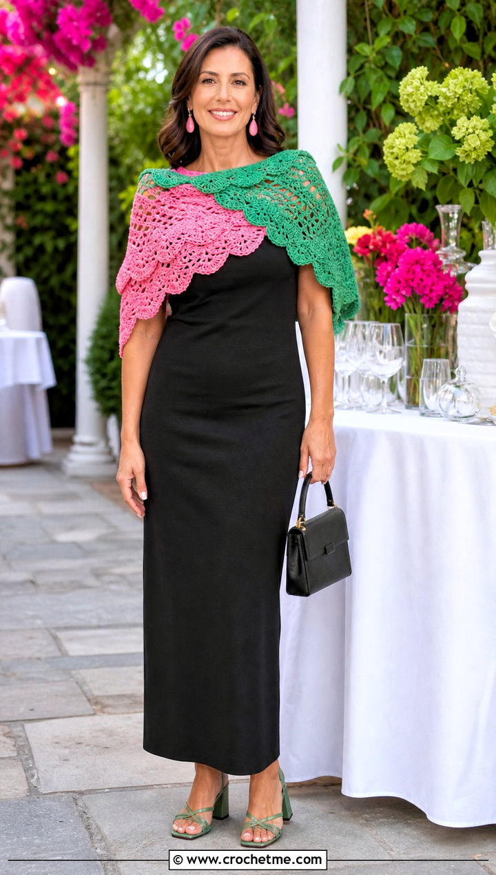 Two Color Scalloped Crochet Scarf With Maxi Dress - 35 two color crochet scarf outfit ideas