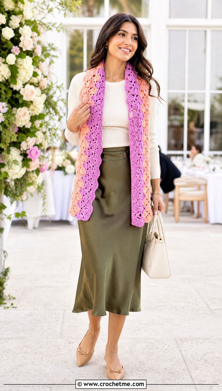 Two Color Shell Stitch Crochet Scarf With Midi Skirt - 35 two color crochet scarf outfit ideas