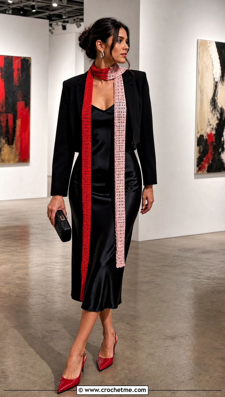 Two Color Skinny Crochet Scarf With Slip Dress - 35 two color crochet scarf outfit ideas