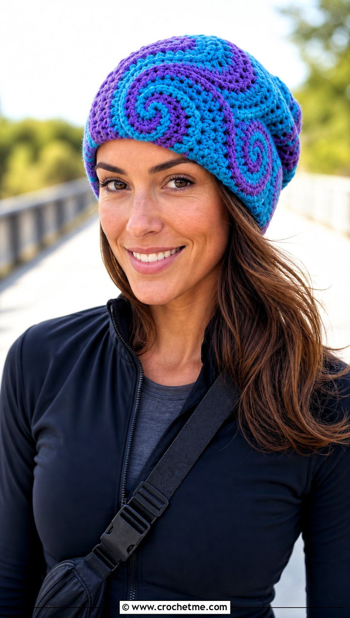 Two Color Spiral Crochet Slouchy Beanie With Leggings - 30 two color crochet hat outfit ideas
