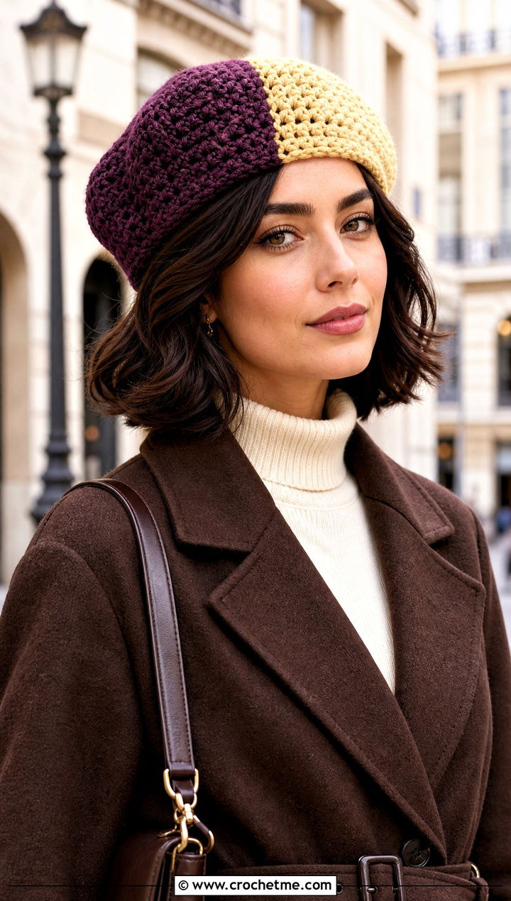 Two Color Split Crochet Beret With Pleated Trousers - 30 two color crochet hat outfit ideas