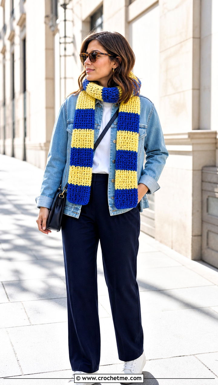 Two Color Striped Crochet Scarf With Denim Jacket - 35 two color crochet scarf outfit ideas
