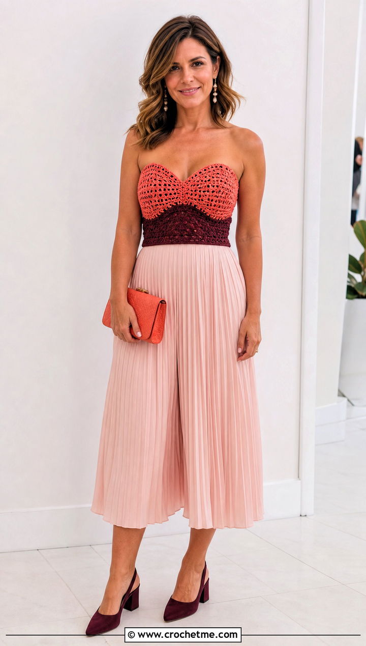 Two Color Sweetheart Crochet Top With Pleated Midi Skirt - 25 two colored crochet top outfit ideas