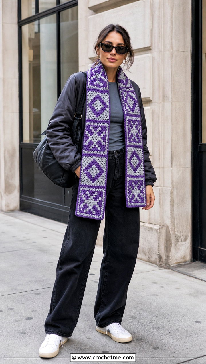 Two Color Tapestry Crochet Scarf With Bomber Jacket - 35 two color crochet scarf outfit ideas