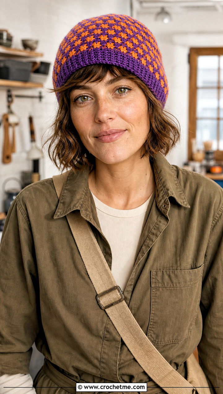 Two Color Tapestry Crochet Toque With Utility Jumpsuit - 30 two color crochet hat outfit ideas