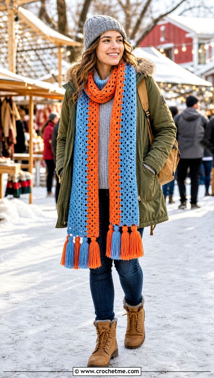 Two Color Tassel Crochet Scarf With Parka - 35 two color crochet scarf outfit ideas