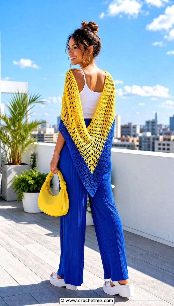 Two Color Triangle Crochet Scarf With Tank And Trousers - 35 two color crochet scarf outfit ideas