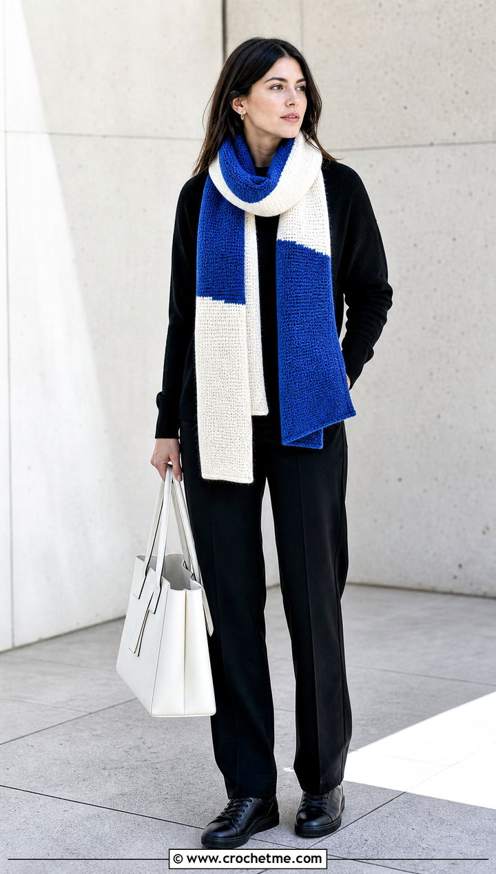 Two Color Tunisian Crochet Scarf With Minimalist Outfit - 35 two color crochet scarf outfit ideas
