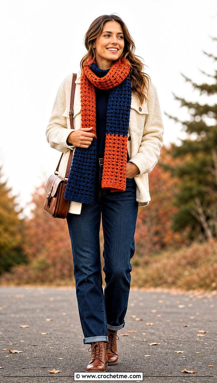 Two Color Waffle Stitch Crochet Scarf With Shacket - 35 two color crochet scarf outfit ideas