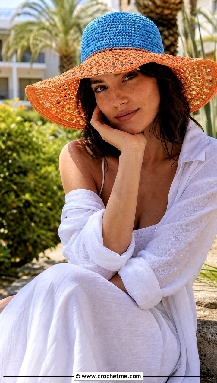 Two Color Wide Brim Crochet Sun Hat With Maxi Dress - 30 two color crochet hat outfit ideas