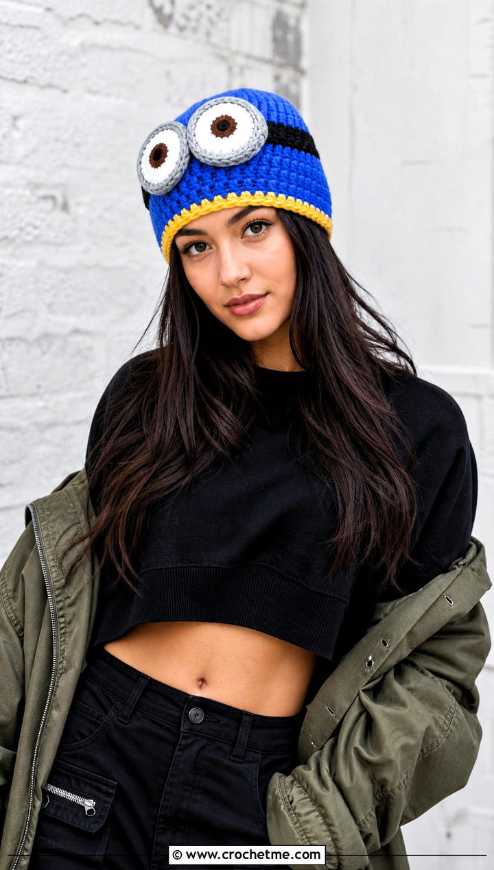 Two Eye Minion Crochet Beanie With Cargo Pants - 15 Minion Crochet Hat outfit ideas
