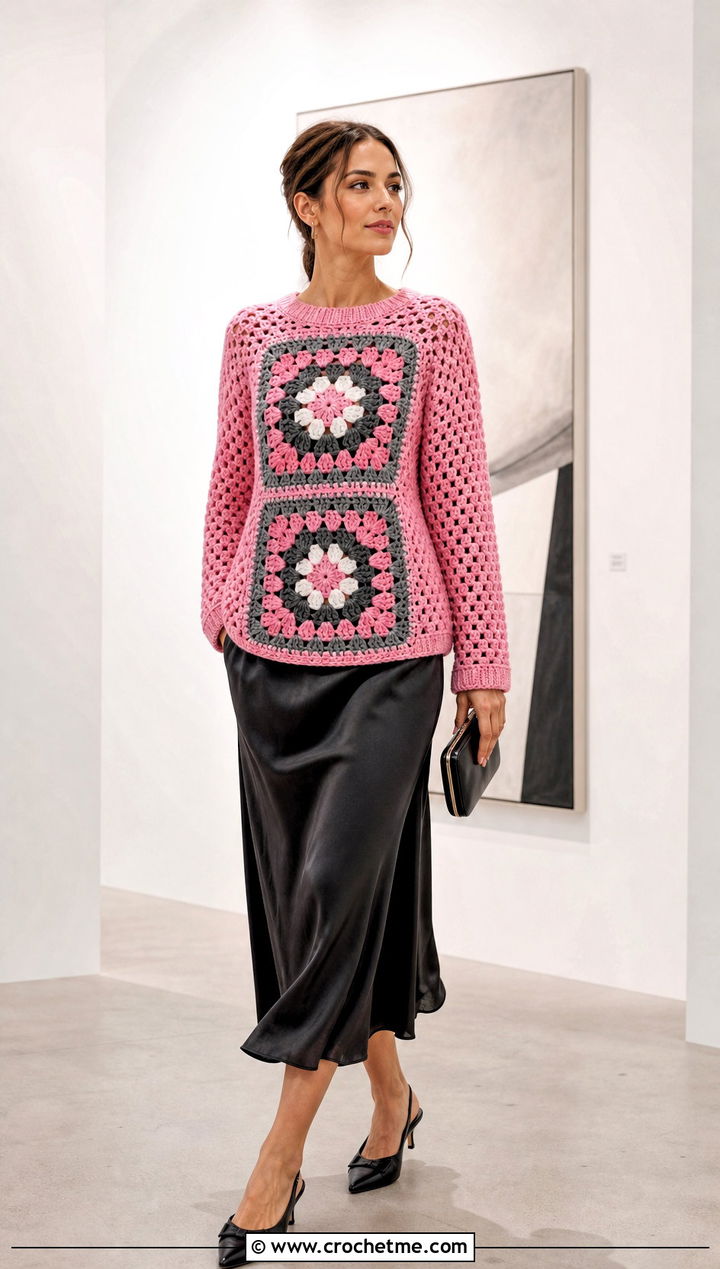 Two Panel Giant Granny Square Sweater With Satin Midi Skirt - 30 giant granny square sweater outfit ideas