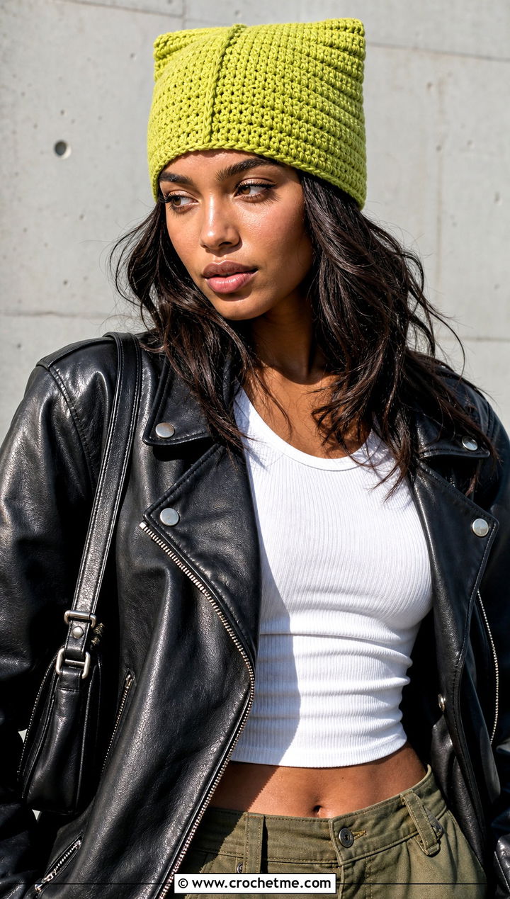 Two Panel Square Crochet Beanie With Leather Jacket - 25 square crochet beanie outfit ideas
