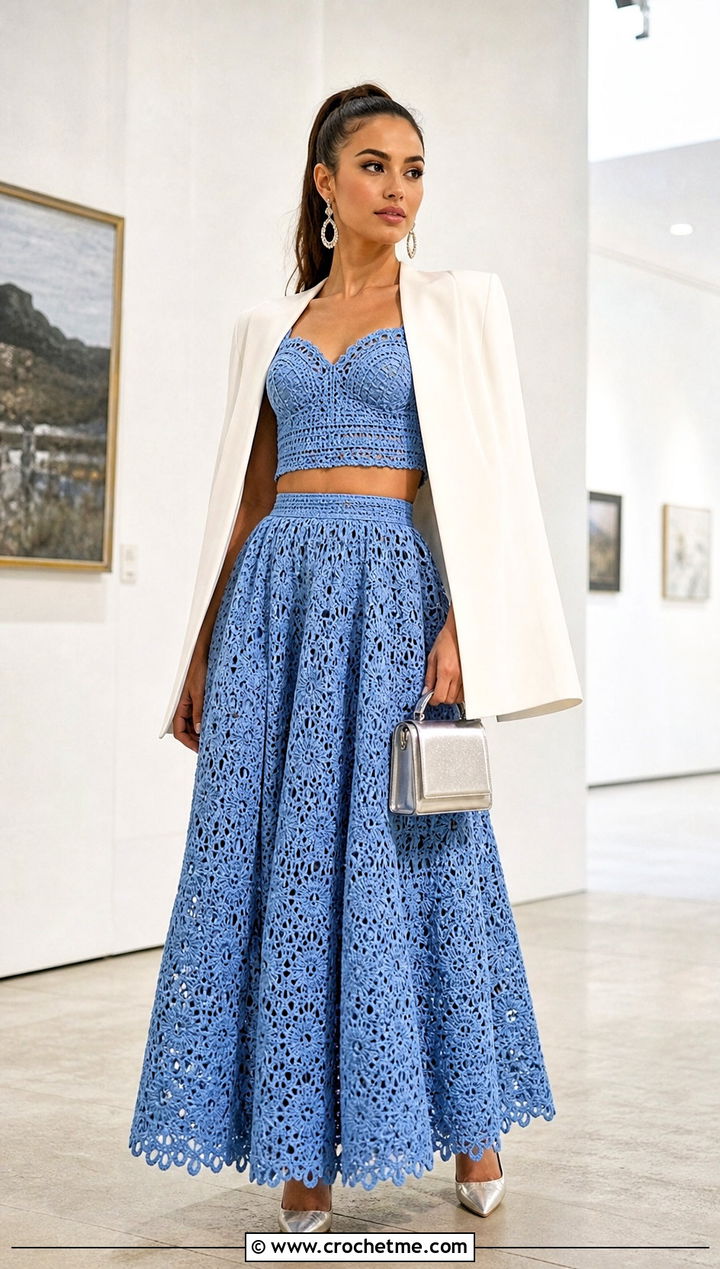 Two Piece Crochet Ball Gown With Tailored Cape - 20 Crochet Ball Gown outfit ideas