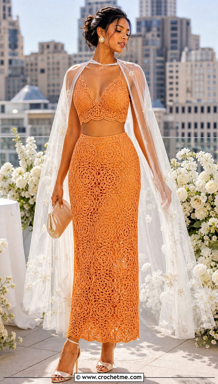 Two Piece Crochet Bridal Gown With Satin Accessories - 15 Handmade Crochet Bridal Gown outfit ideas