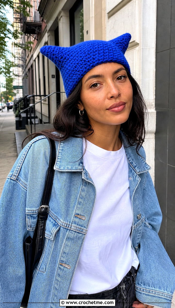 Two Point Crochet Clown Hat With Denim Jacket - 30 crochet clown hat outfit ideas