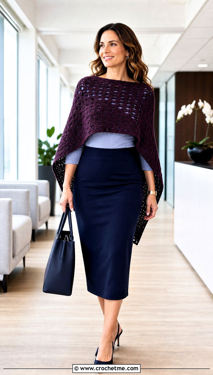 Two Rectangle Crochet Poncho With Pencil Skirt - 15 Easy Crochet Poncho From A Rectangle outfit ideas