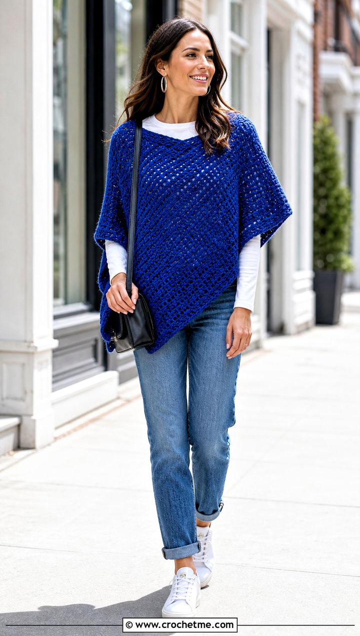 Two Rectangle Crochet Poncho With Straight Leg Jeans - 20 Easy Crochet Poncho For Beginners outfit ideas