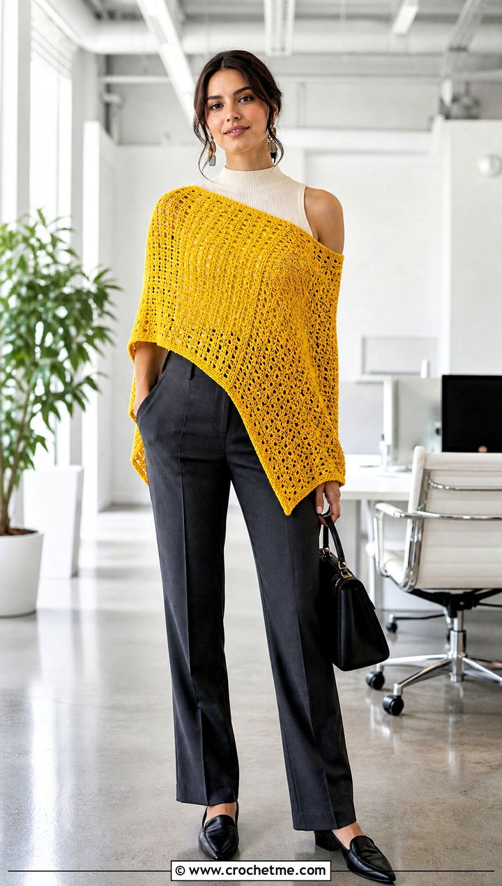 Two Rectangle Crochet Poncho With Tailored Trousers - 30 crochet rectangle poncho outfit ideas