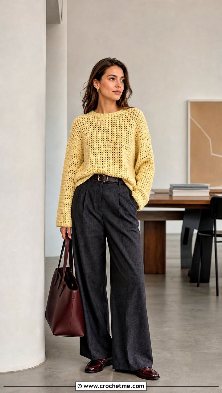 Two Rectangle Drop Shoulder Sweater With Tailored Trousers - 15 Crochet Sweater From Rectangle outfit ideas
