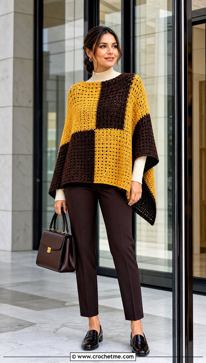 Two Rectangle Mosaic Poncho With Tailored Trousers - 15 Mosaic Crochet Poncho outfit ideas