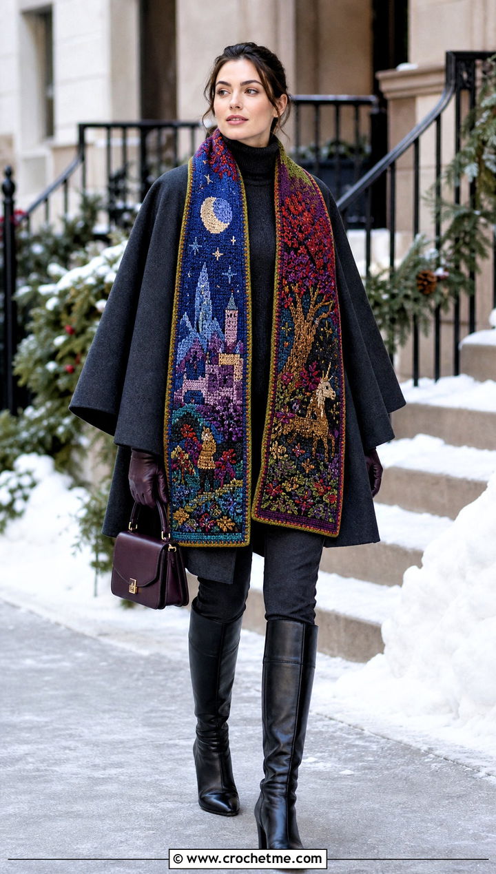 Two Sided Story Tapestry Crochet Scarf With Cape Coat - 35 tapestry crochet scarf outfit ideas