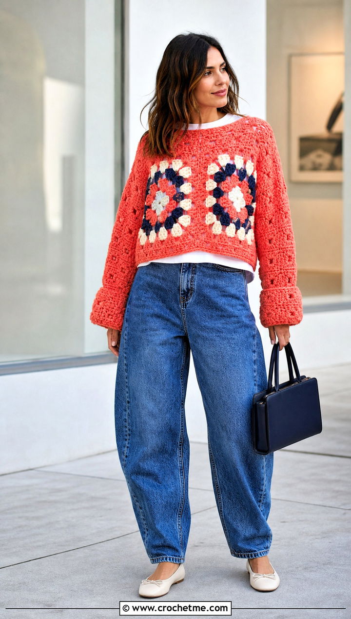 Two Square Crochet Sweater With Barrel Jeans - 30 crochet sweater with granny squares outfit ideas