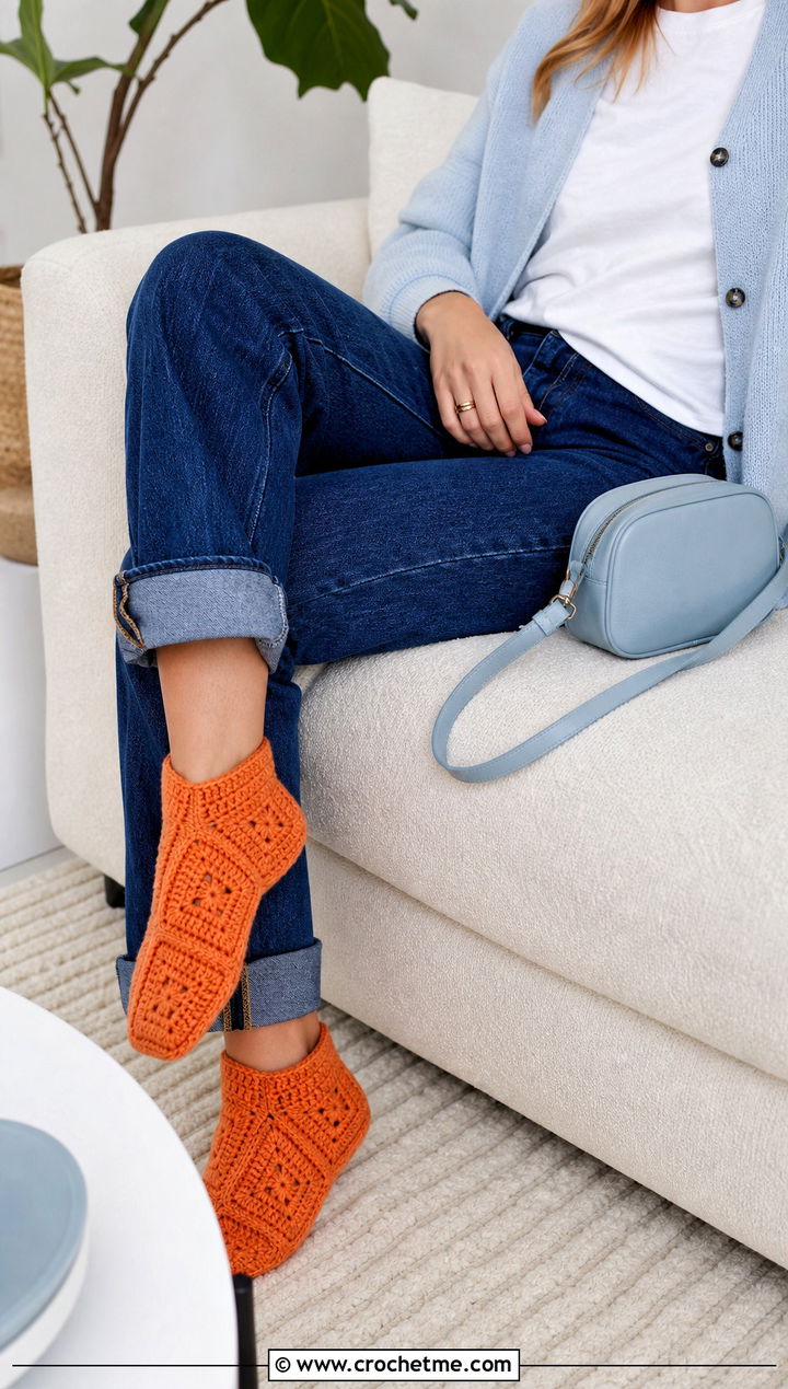 Two Square Crocheted Slipper Socks With Cardigan And Straight Jeans - 15 Crocheted Slipper Socks outfit ideas