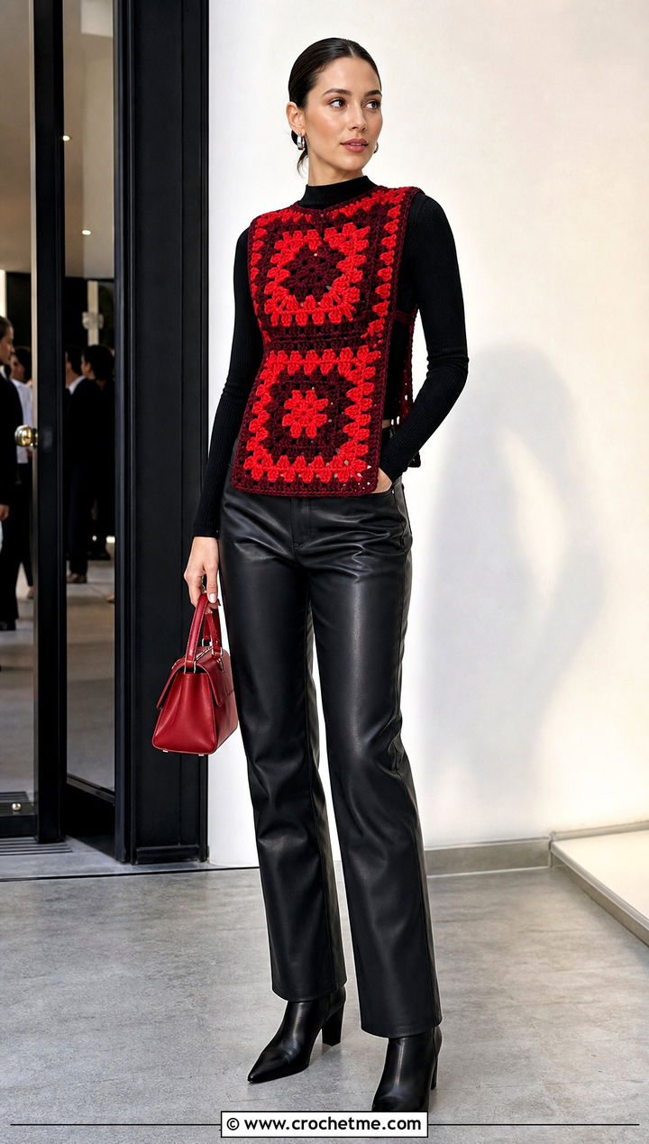 Two Square Granny Square Crochet Vest With Leather Pants - 25 Granny Square Crochet Vest outfit ideas